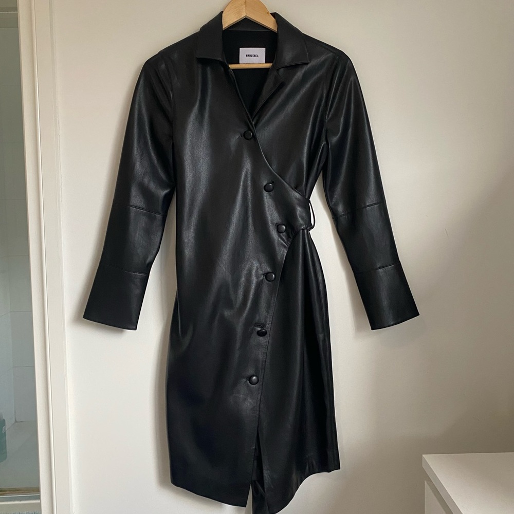 Nanushka Women Black Faux Vegan Leather Long Trench Coat Jacket Sz S - Picture 5 of 13